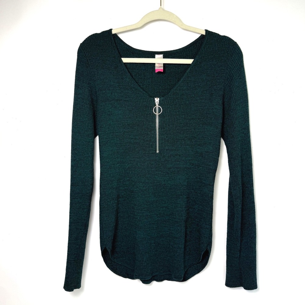 No Boundaries Womens XL Forest Green Ribbed Long Sleeve Ring Zipper Top Pullover